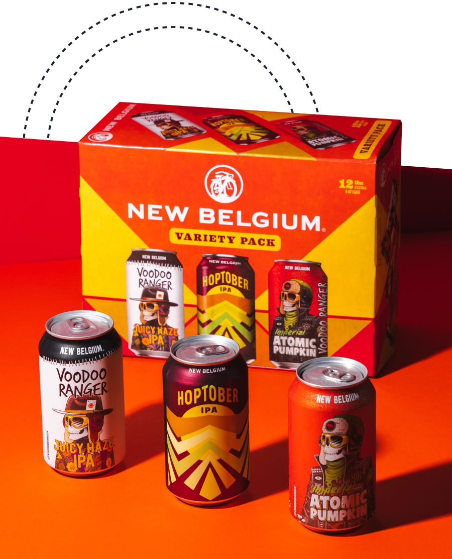 New Belgium Fall Variety Pack including Voodoo Ranger Juicy Haze IPA, Hoptober IPA, and Atomic Pumpkin.