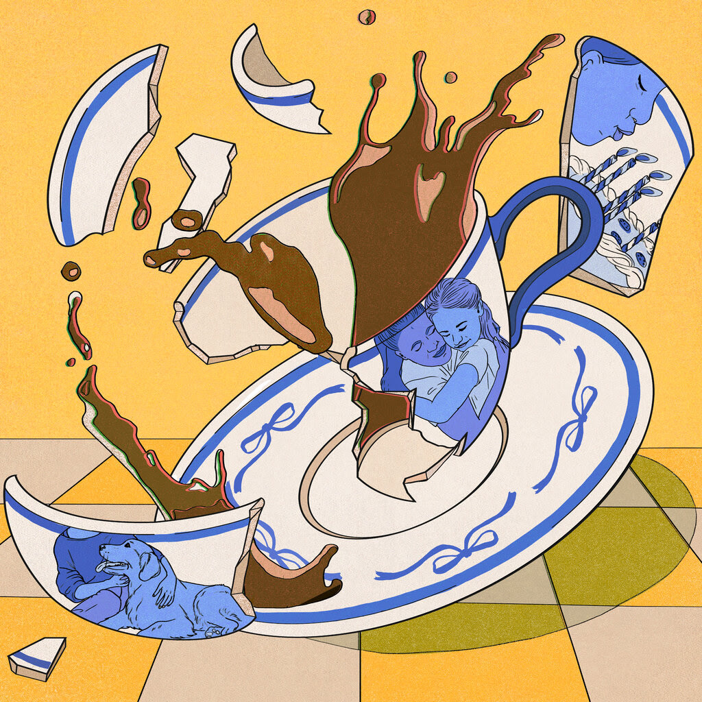 An illustration of a shattered blue-and-white teacup and saucer on a yellow background. Dark brown liquid spills from the broken cup. Inside the fragments are images of people embracing and a dog. One fragment shows a person blowing candles on a cake.