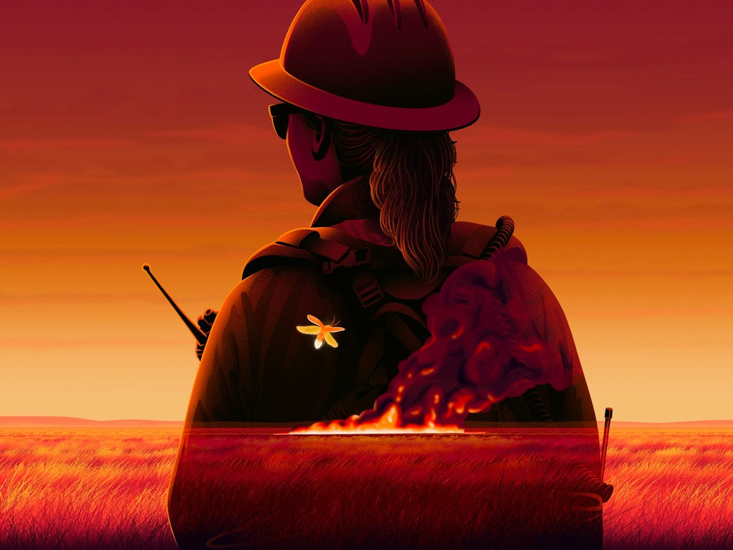 Illustration of a figure wearing a fire fighter's uniform in front of a field set on fire.