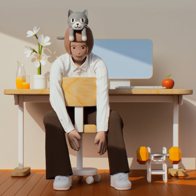A 3D illustration of a person in a home office setting, sitting backwards on a chair, draped over its back. A gray cat sits smiling on top of the person's head. On the desk behind them is a computer, an apple, a potted plant and a carafe of orange juice. 