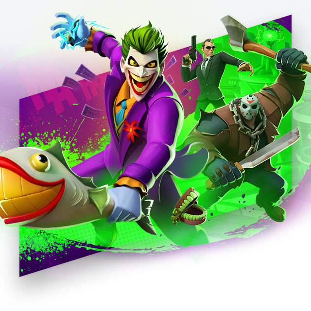 Key art for MultiVersus featuring The Joker swinging a smiling fish along with Jason Voorhees and Agent Smith in the background.