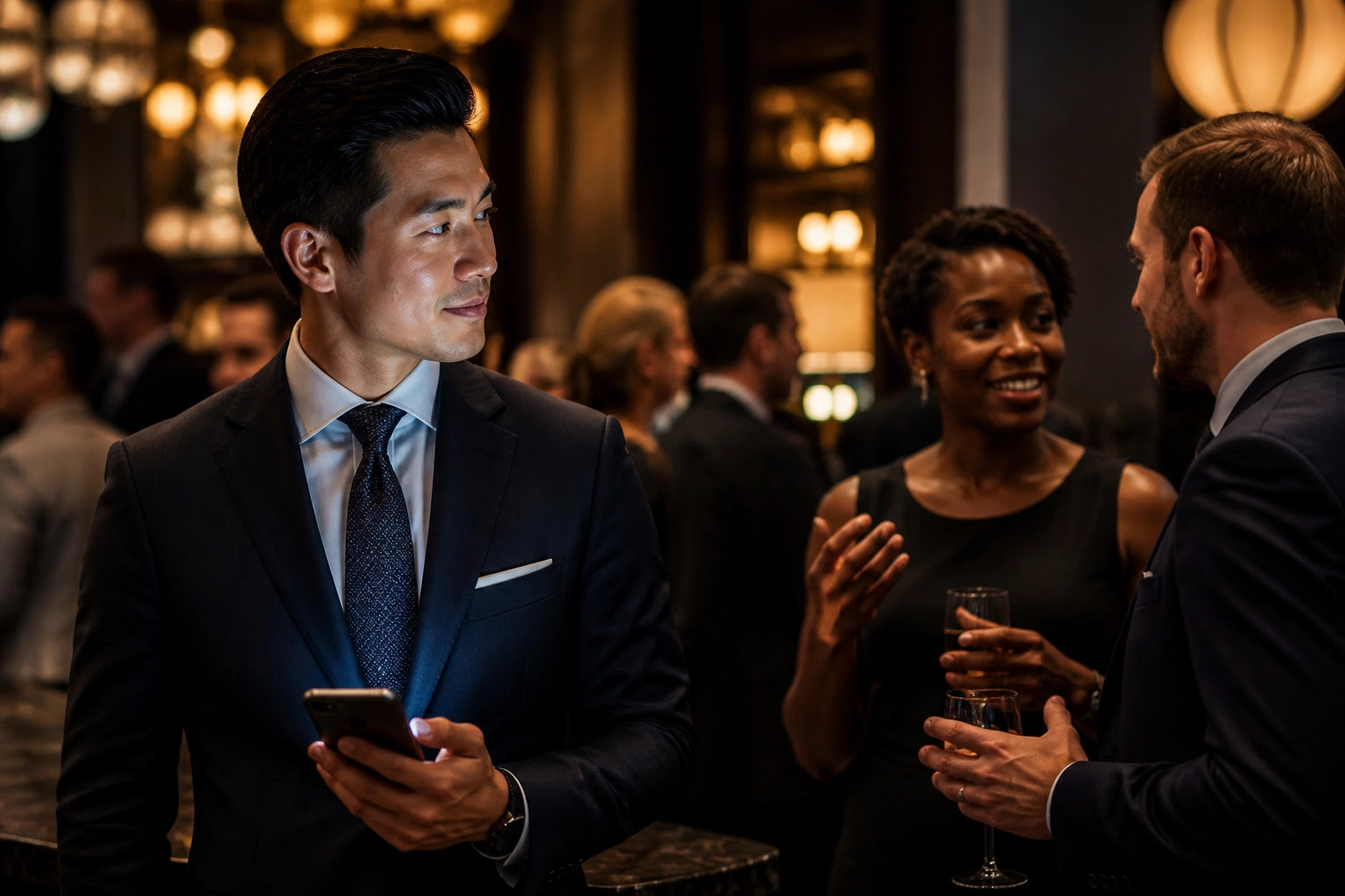 Professional man using AI to identify strategic connections for business growth networking in a community.