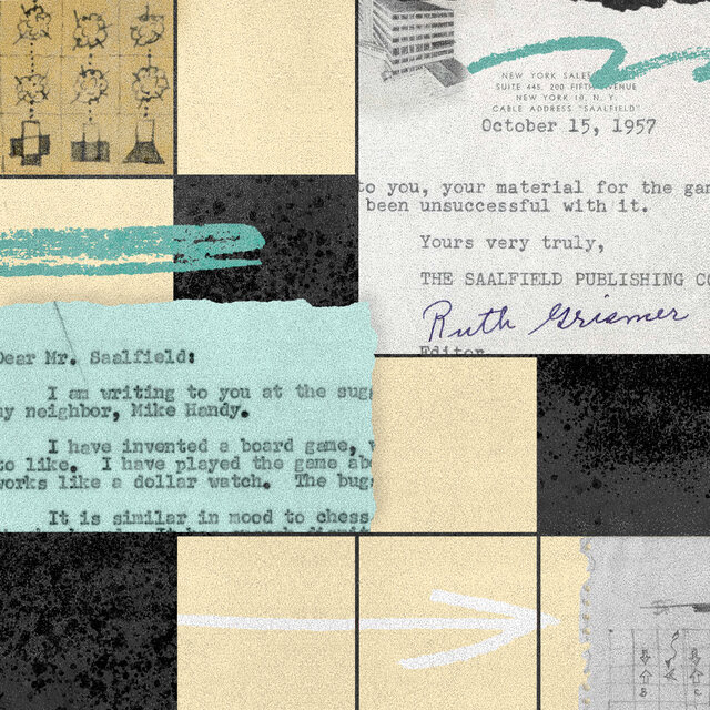 A photo illustration of letters between Kurt Vonnegut and the Saalfield Publishing Company as well as notes from Mr. Vonnegut's game sketches.