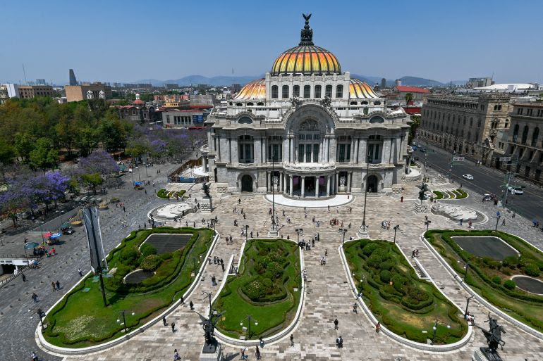 The iconic Bellas Artes Palace is sinking to its left. Viewed from above it’s difficult to tell