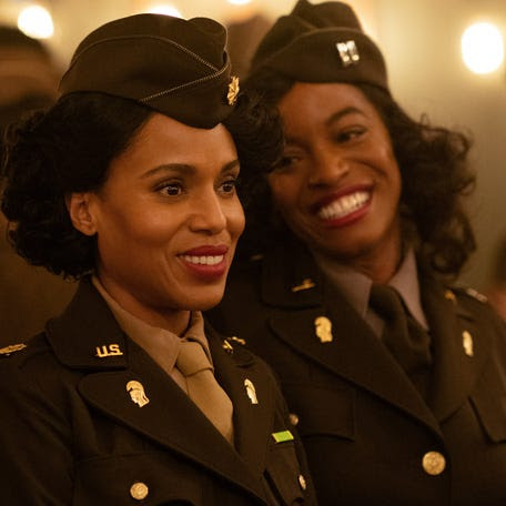 In "The Six Triple Eight," Kerry Washington, left, stars as Maj. Charity Adams alongside Milauna Jackson as Capt. Campbell.