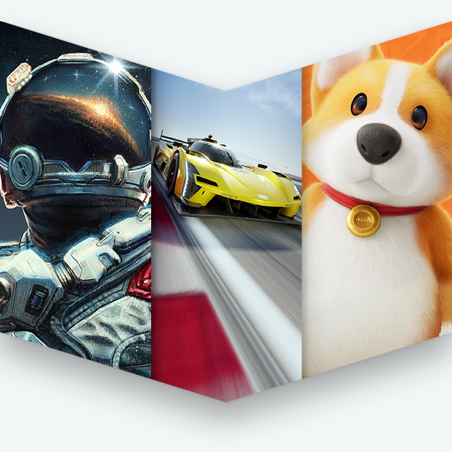 A character from Starfield, a car from Forza Horizon 5, and a corgi from Party Animals.