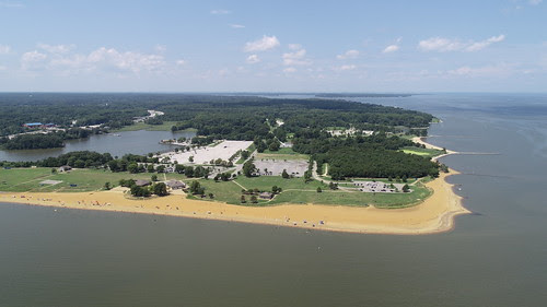 Aerial view of a beach on the bay