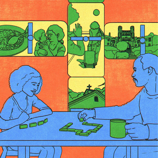 An illustration of a girl and man playing dominoes. In the background in domino-shaped insets are rice and beans, a woman holding a baby, a woman walking away with a suitcase and a woman looking at a university.