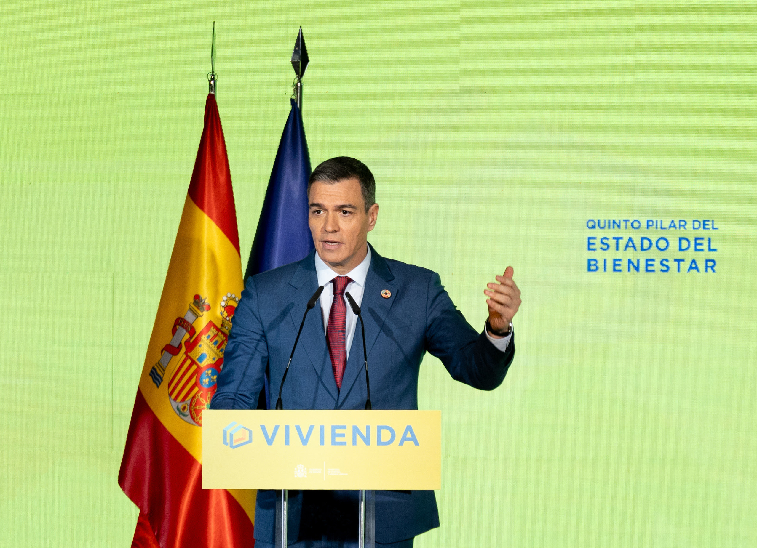 Sánchez anuncia una exención total del IRPF a propietarios que alquilen vivienda según el índice de referencia El presidente del Gobierno, Pedro Sánchez, interviene durante el foro 'Vivienda, quinto pilar del Estado del Bienestar', este lunes.
