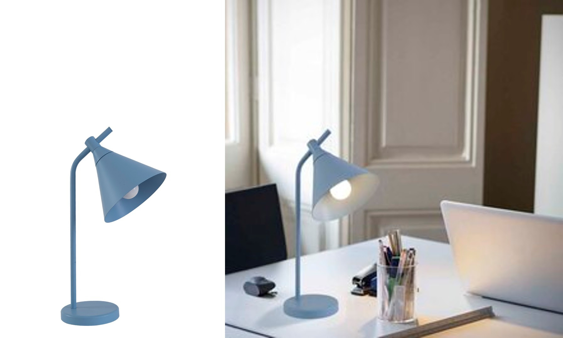 Luminária Azul: De mesa, em alumínio, comporta uma lâmpada bulbo ou filamento de soquete E27 (12W), por R$ 269,90.