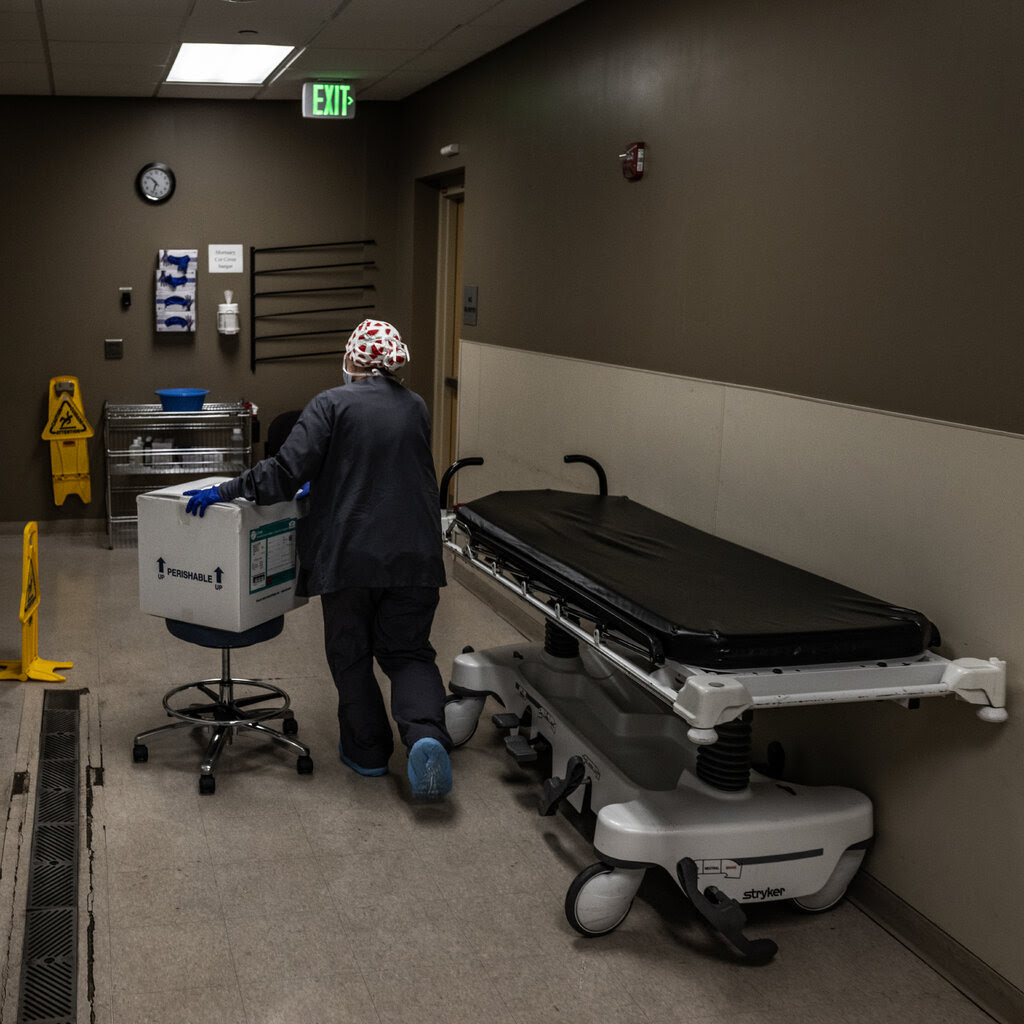 A person wearing scrubs moves a box labeled "perishable" down a hallway facing away from the camera.