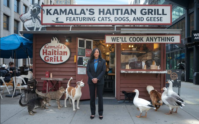 Meme showing photos of Kamala's Haitian Grill.