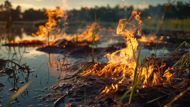 Peat bog ignites in summer the fire hazard of burning natural materials natural peat