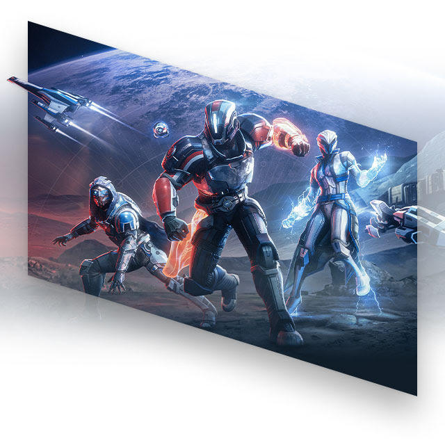 Three Guardian characters from Destiny 2 wearing Mass Effect-themed armor on the surface of planet pose with the Normandy ship flying overhead in the background.