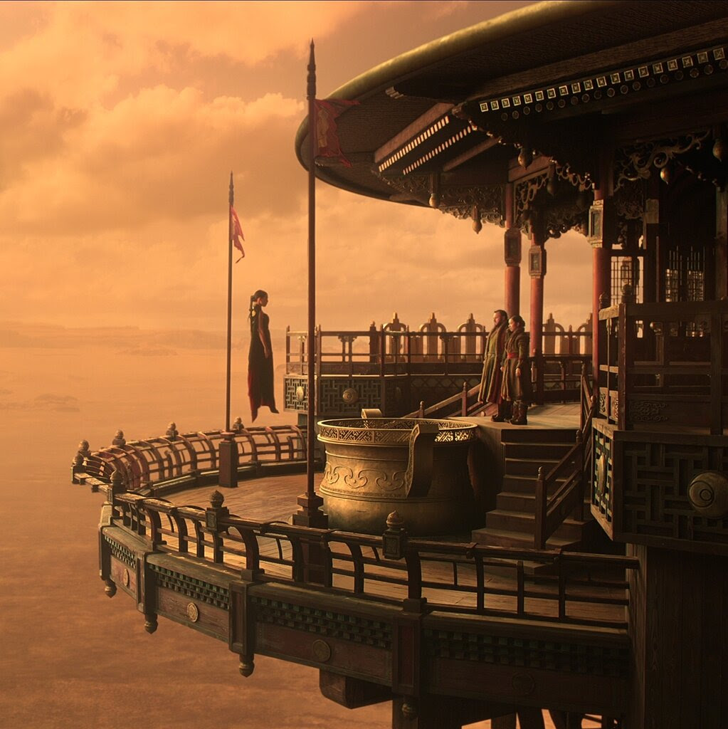 A woman floats above a circular porch of Chinese design, far above a sepia-toned landscape.