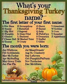 This may contain: a thanksgiving turkey poem with the words what's your thanksgiving turkey name?