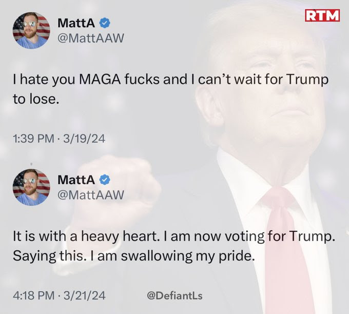 Hypocite Matt A who hates Trump then two days later says he is voting for Trump