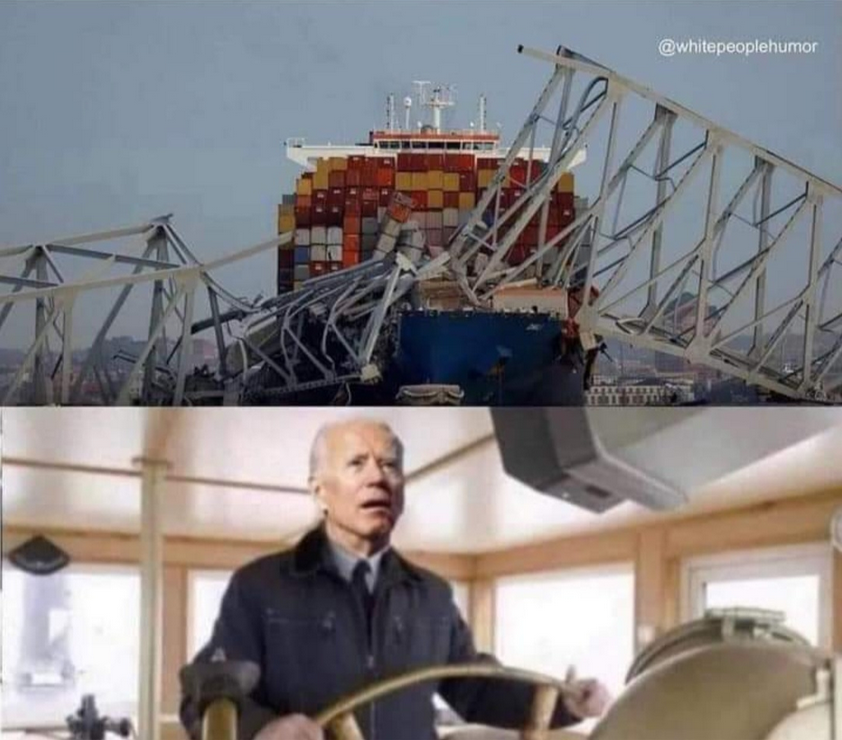 Joke photo of Baltimore ship crash indicating Biden was at the helm.