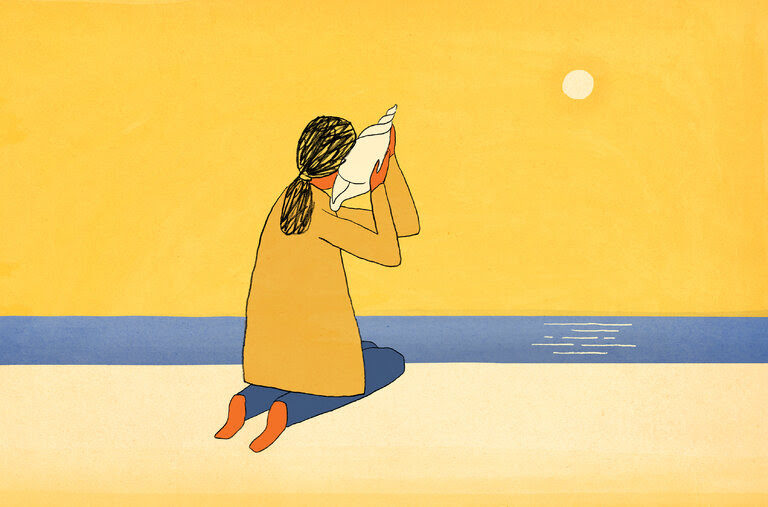 An illustration of a woman kneeling on a beach holding a conch shell to her ear.