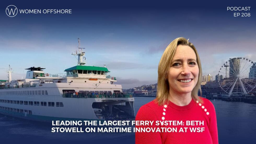 Ferry sailing off Seattle waterfront with headshot of person and title "Women Offshore"