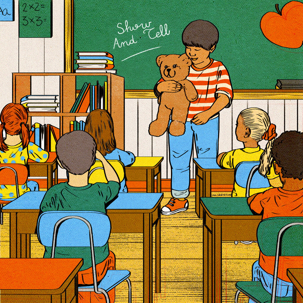 An illustration shows a child holding a teddy bear in a classroom for show and tell.