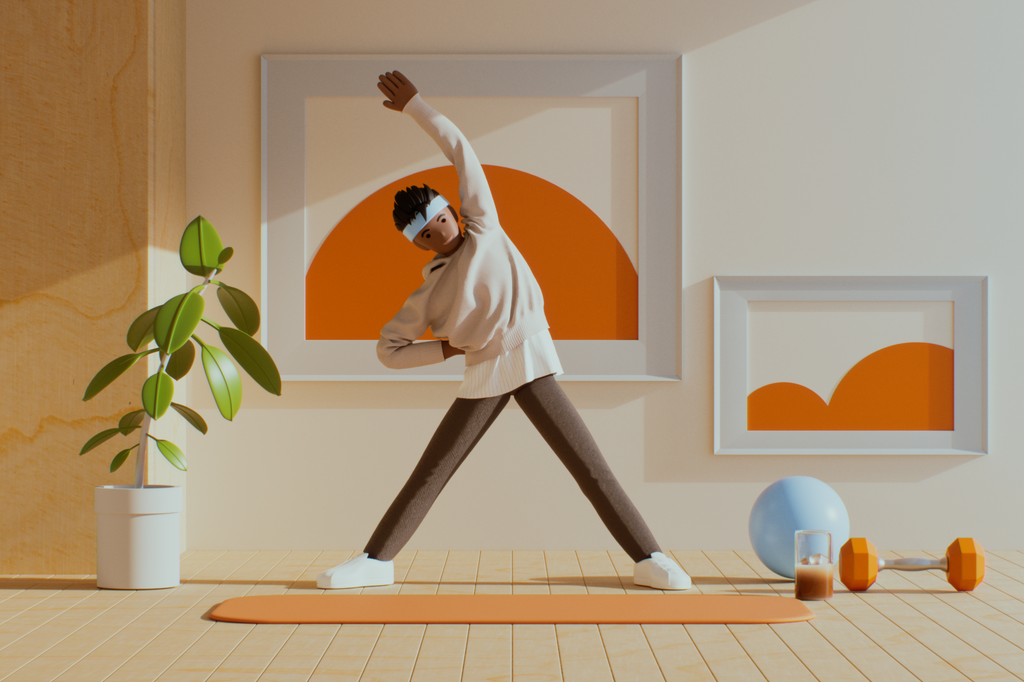 A 3D illustration of a person standing and stretching to the left with one arm overhead. In front of them is an exercise mat, and beside them is a dumbbell, an exercise ball, a plant and iced coffee. Bright orange paintings are on the wall behind them.