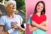 Elderly woman holding her chest and young woman hugging a red heart