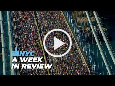 View from the sky of New York City marathon runners on a bridge