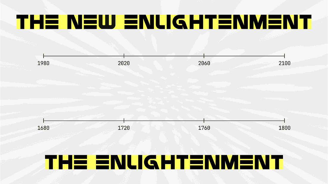 Un gráfico de línea de tiempo denominado "La Nueva Ilustración" (1980-2100) y "La Ilustración" (1680-1800) con texto estilizado en negro y amarillo sobre un fondo estampado. Un gráfico de línea de tiempo denominado "La Nueva Ilustración" (1980-2100) y "La Ilustración" (1680-1800) con texto estilizado en negro y amarillo sobre un fondo estampado.