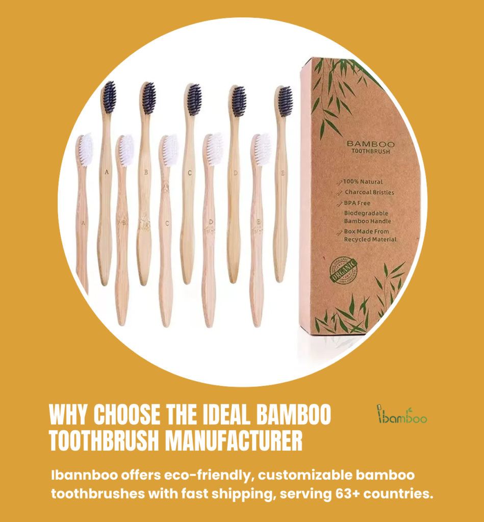 The image showcases eco-friendly, customizable bamboo toothbrushes with fast shipping to 63+ countries.