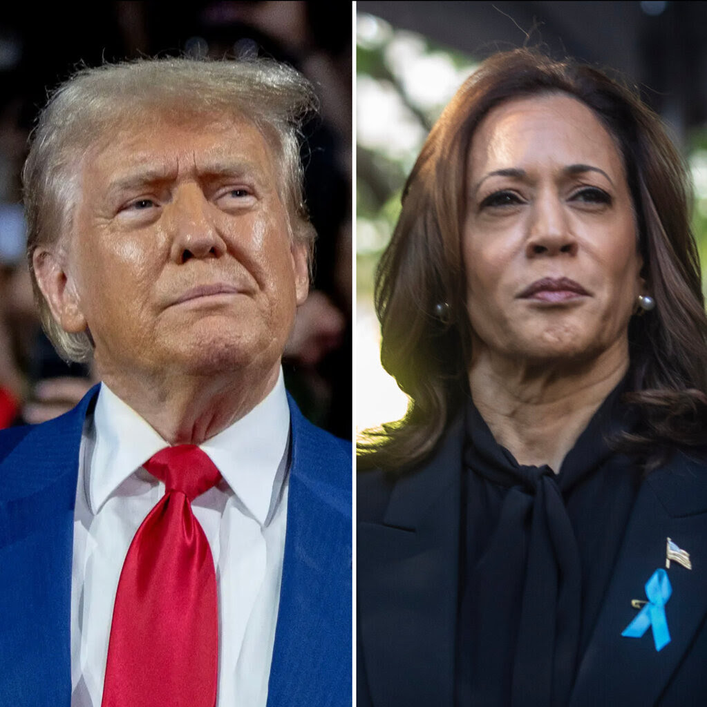 Donald Trump and Kamala Harris in suits.