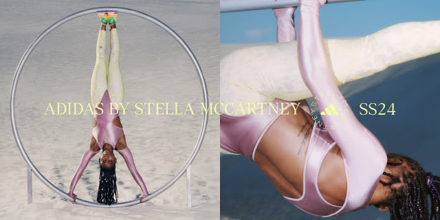 Collection of images showing women wearing items from the latest adidas by Stella McCartney SS24 collection whilst engaging in strength training activities.