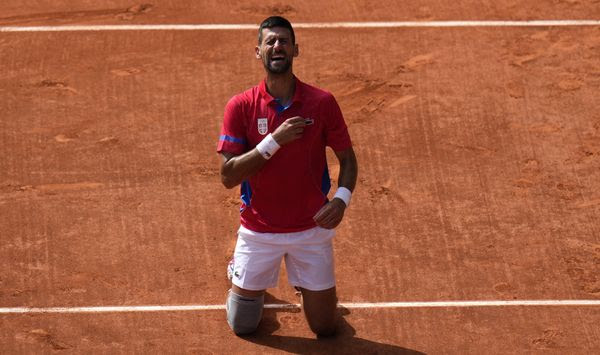 Serbia&#x27;s Novak Djokovic reacts after defeating Spain&#x27;s Carlos Alcaraz in the men&#x27;s singles tennis final at the Roland Garros stadium during the 2024 Summer Olympics, Sunday, Aug. 4, 2024, in Paris, France. (AP Photo/Andy Wong)