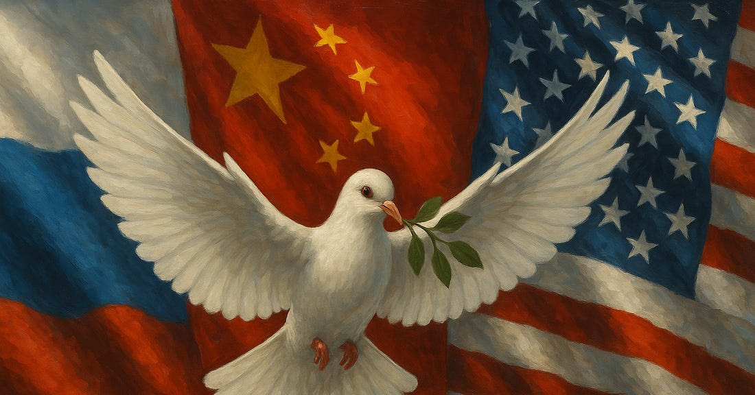A majestic white dove with outstretched wings and an olive branch in its beak soars in front of a dramatic backdrop composed of the Russian, Chinese, and American flags. The flags billow with rich texture and deep color—Russia on the left, China at the center, and the United States on the right—symbolizing a powerful visual message of global peace and unity among the world’s leading superpowers. A majestic white dove with outstretched wings and an olive branch in its beak soars in front of a dramatic backdrop composed of the Russian, Chinese, and American flags. The flags billow with rich texture and deep color—Russia on the left, China at the center, and the United States on the right—symbolizing a powerful visual message of global peace and unity among the world’s leading superpowers.