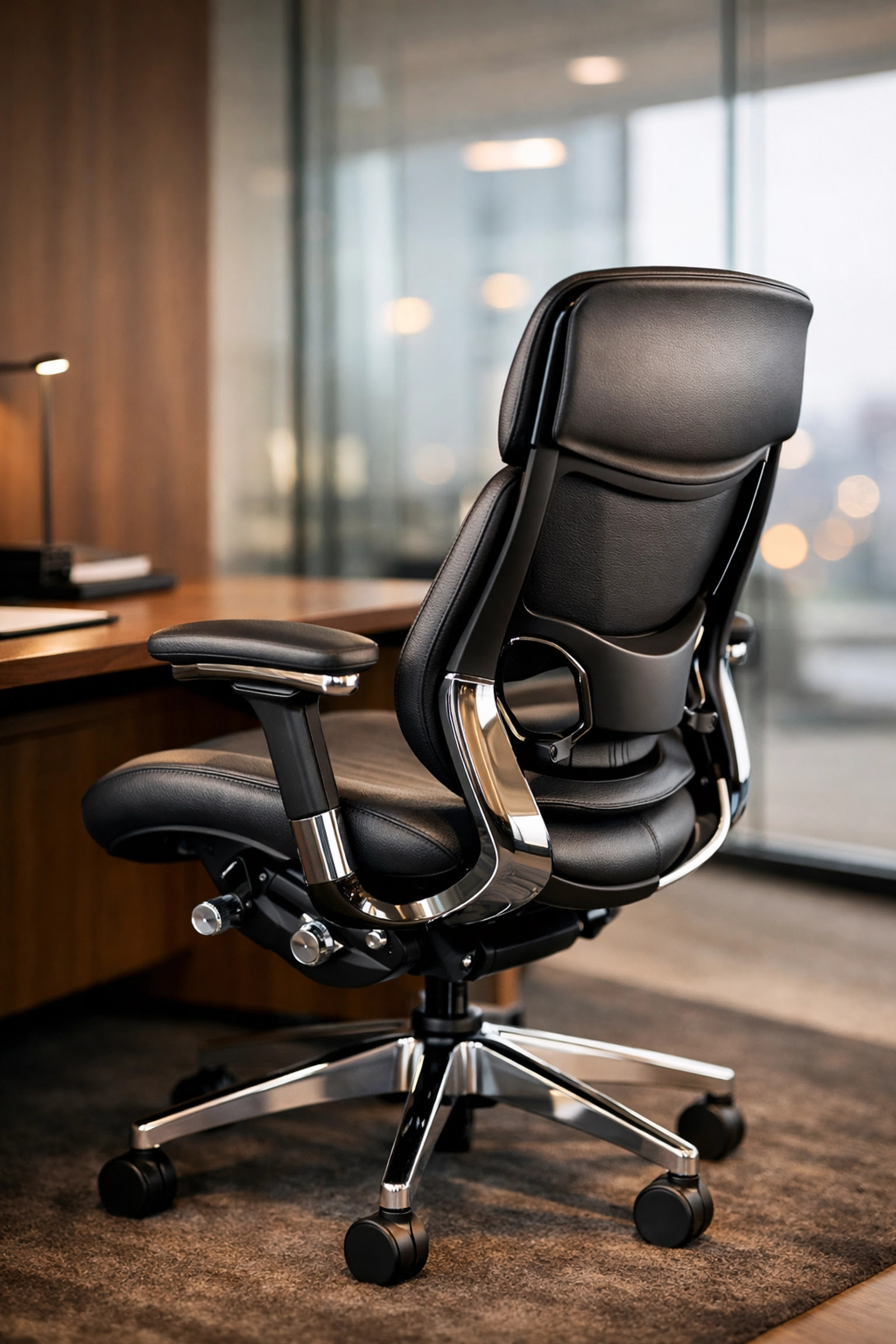 High-quality ergonomic office chair in a modern commercial furniture setting with a walnut desk.