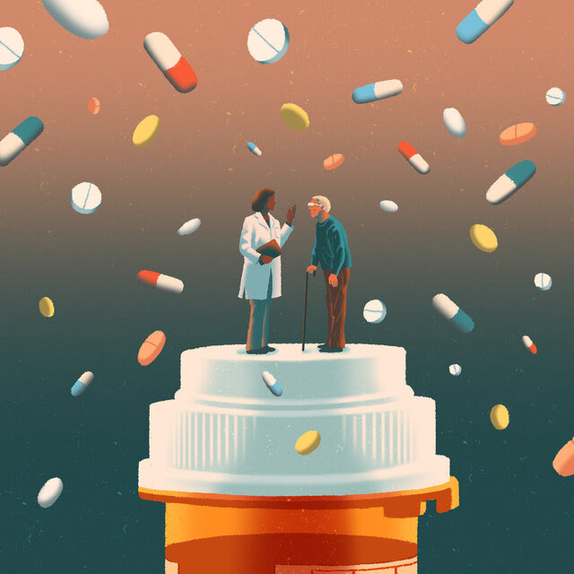 An illustration of a pharmacist and an older man standing on top of a prescription pill bottle. A variety of pills are cascading around them. 