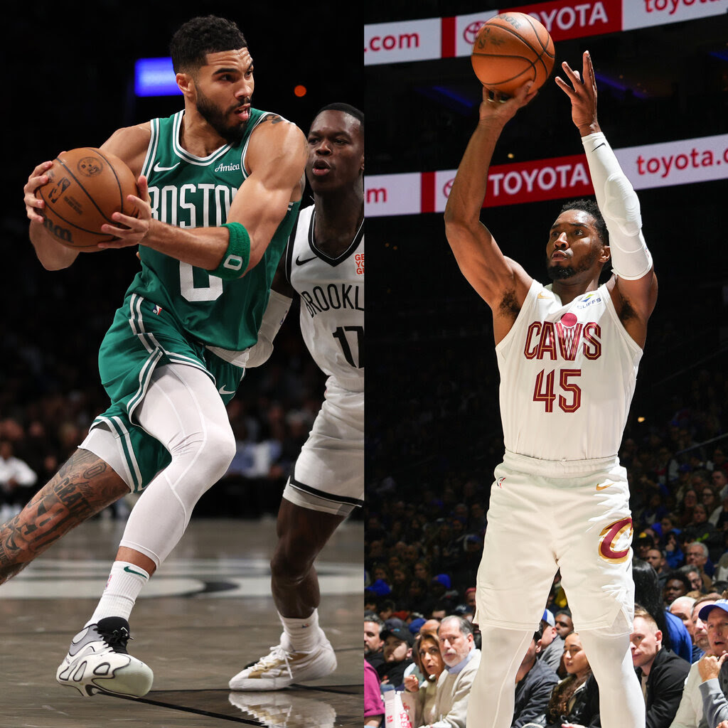 A split image, showing a player in a green Celtics jersey on the left and a player in a white Cavs jersey on the right.