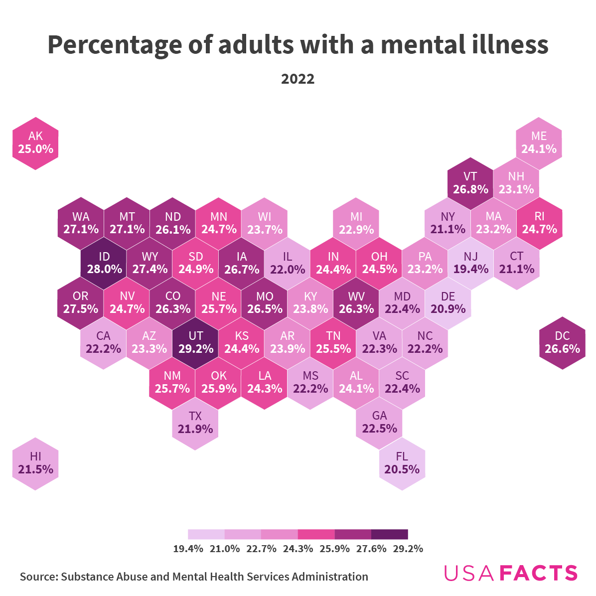 Map showing percentage of adults with a mental illness