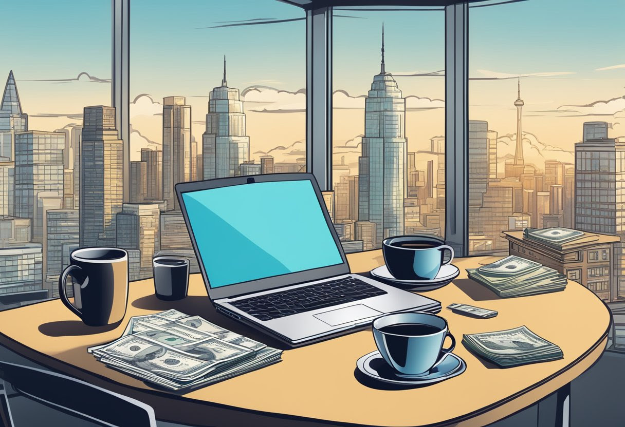 A laptop surrounded by dollar bills, a calculator, and a cup of coffee on a desk with a view of a city skyline