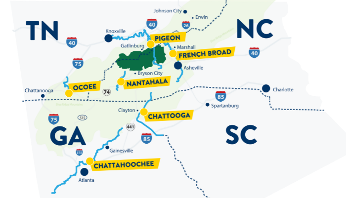 a map of the southeast pinned with our 6 outpost locations