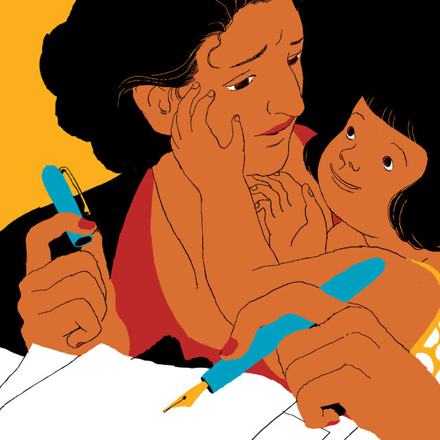 An illustration of a mother trying to write while an adoring child in her arms draws her attention away.