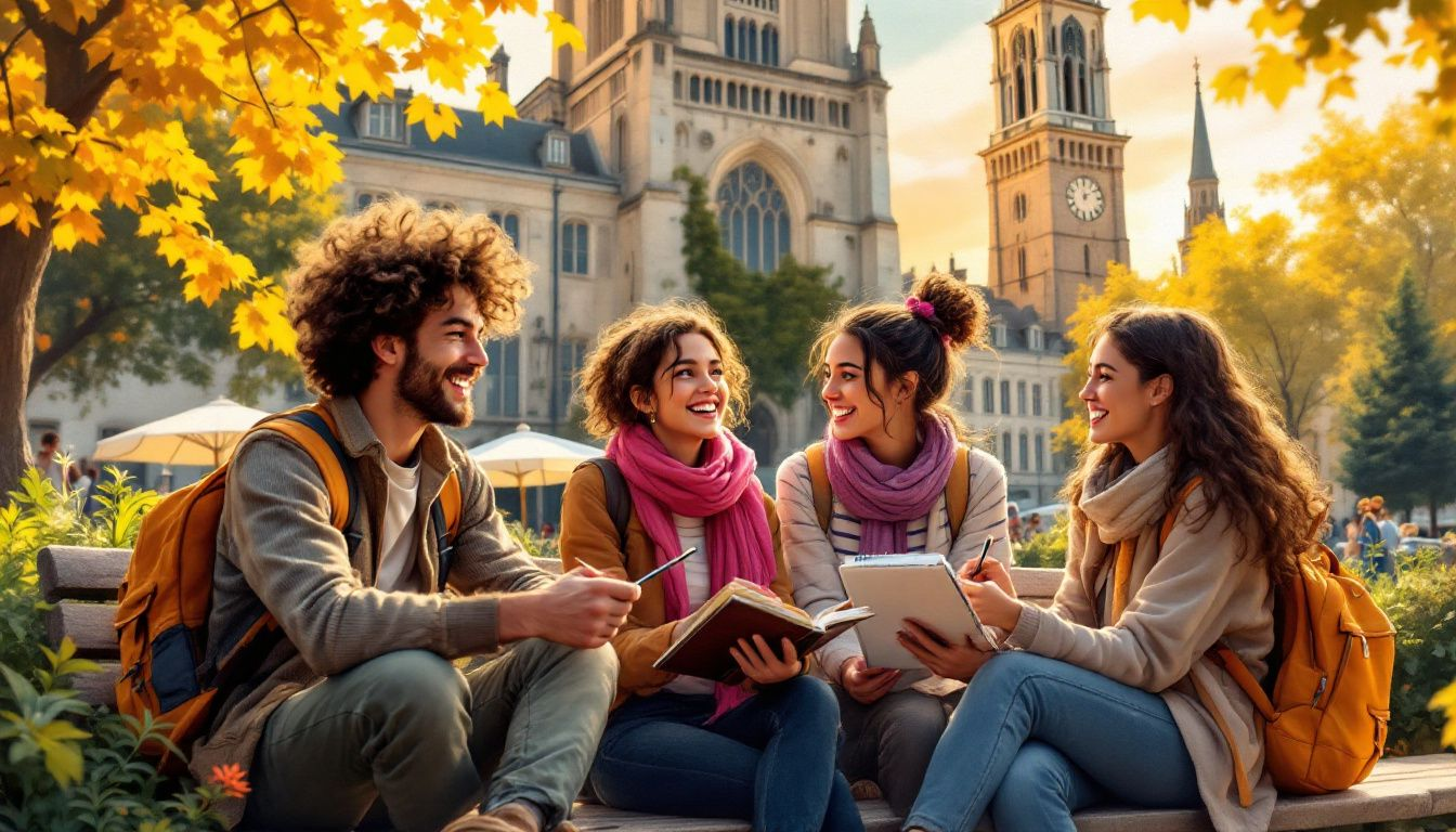 Un groupe d'étudiants étrangers discutant sur un campus universitaire en France.