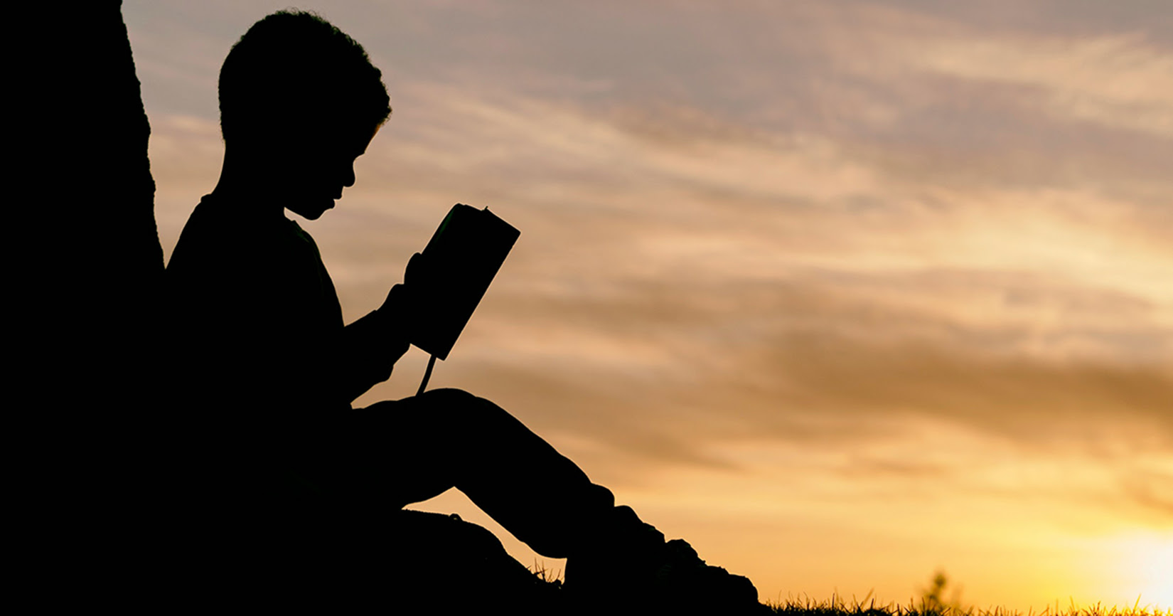 A silhouette of a child reading a book under a tree.