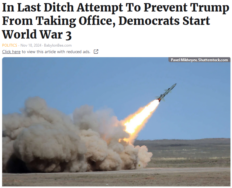 Fake headline saying Dems will start WWIII.