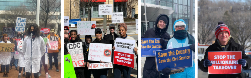 A mosaic of rallies from across the country with workers from the National Institutes of Health (NIH), the Centers for Disease Control and Prevention (CDC), and AFGE.