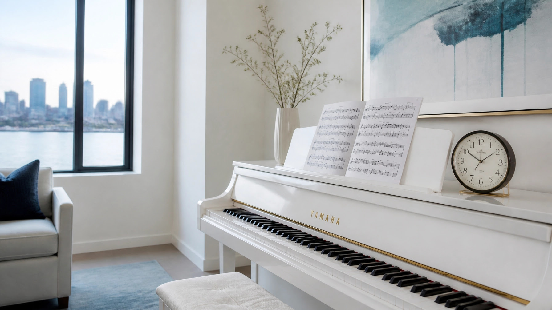 A high-quality, professional, minimalist photo of a clean piano practice setup in a bright and airy NYC home, featuring a simple clock on a white piano with natural lighting and soft blue accents. A high-quality, professional, minimalist photo of a clean piano practice setup in a bright and airy NYC home, featuring a simple clock on a white piano with natural lighting and soft blue accents.