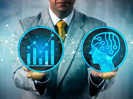 A man holds two symbols: in his left hand, a graph representing data analytics and visualization; in his right hand, a human brain symbolizing cognitive systems and artificial intelligence. This imagery illustrates the fusion of data-driven insights with human intelligence, highlighting the symbiotic relationship between data analysis and cognitive computing in modern technology.