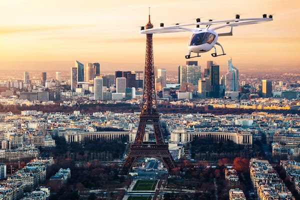 The urban air VoloCity taxi flies over Paris. Photo: Volocopter