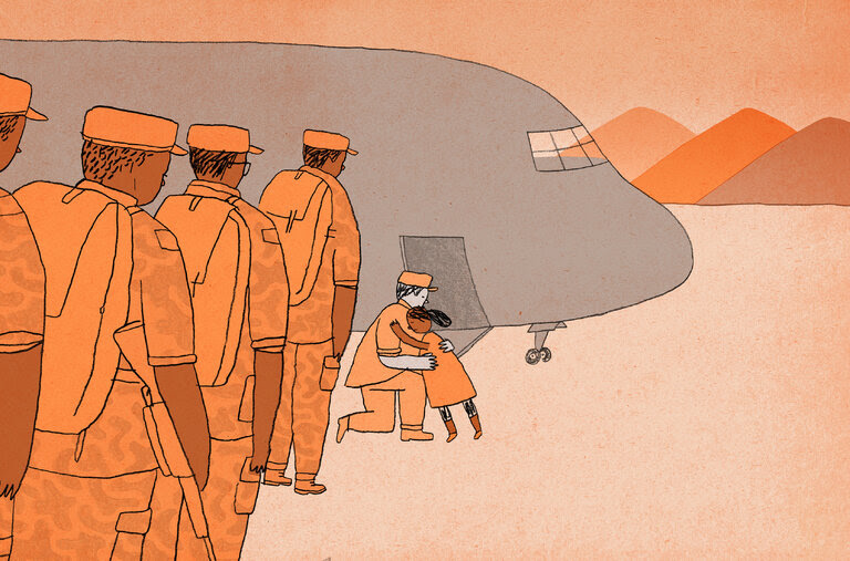 An illustration of a line of soldiers boarding a plane, with the first soldier bending down to hug a young girl.