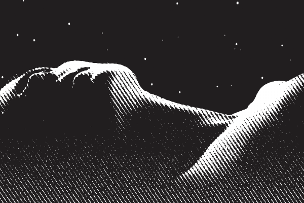 Illustration of human head and chest laying down against dark starry background